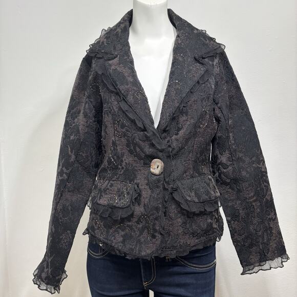 Beverly's Dark Lace Accent Beaded Button Blazer Medium Witchy Whimsigoth Fairy - Picture 1 of 9